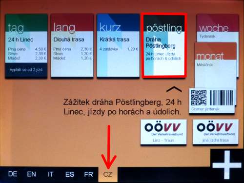 jízdenkový automat v češtině